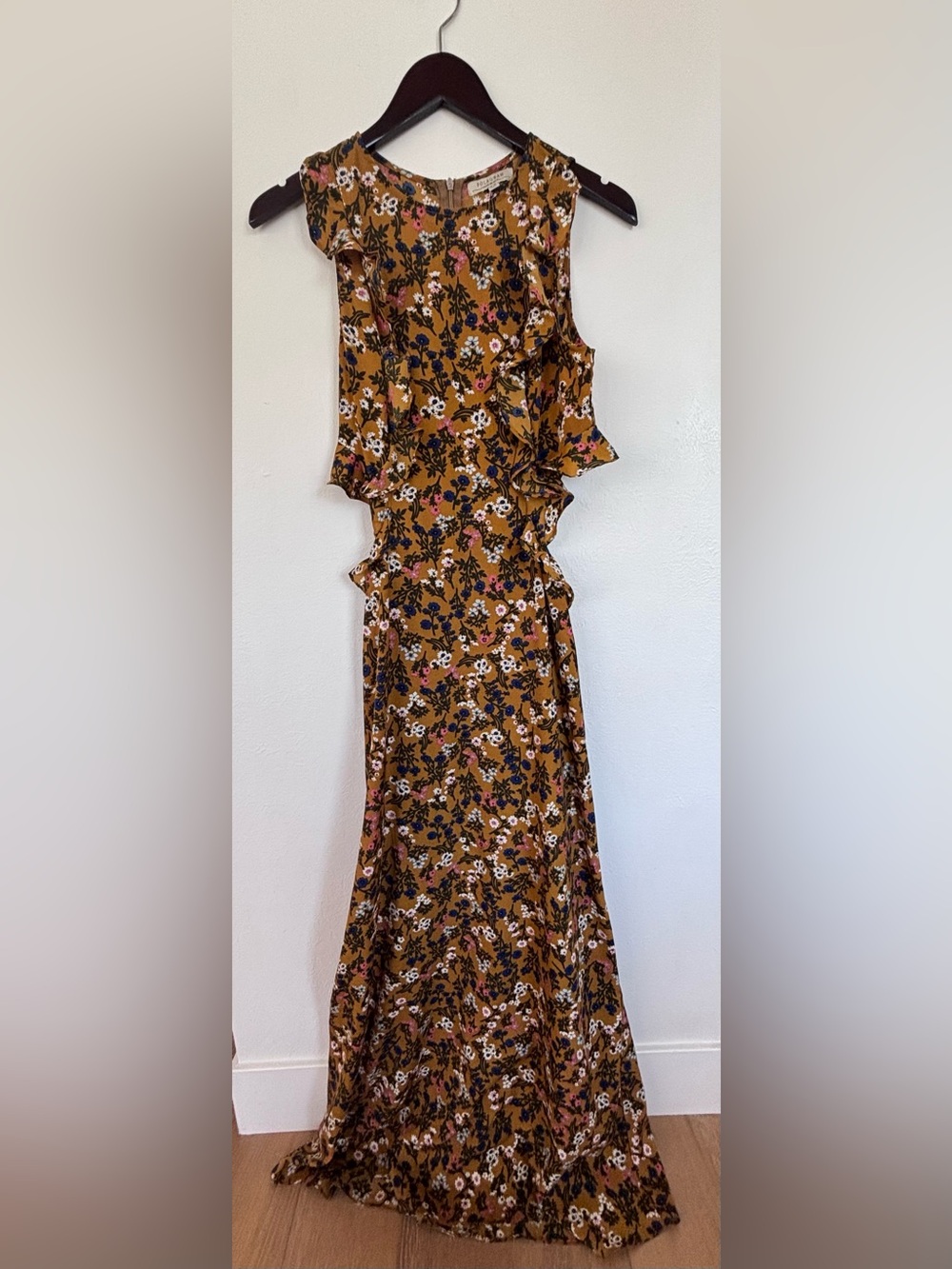 Polagram Mustard Floral Ruffle Maxi Dress with Adjustable Waist Cutouts
